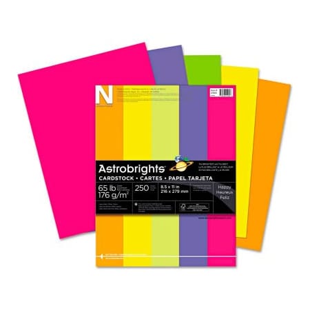 Wausau Neenah Paper Astrobrights Card Stock Paper, 8-1/2" x 11", Assorted Neon, 250 Sheets/Pack 21004